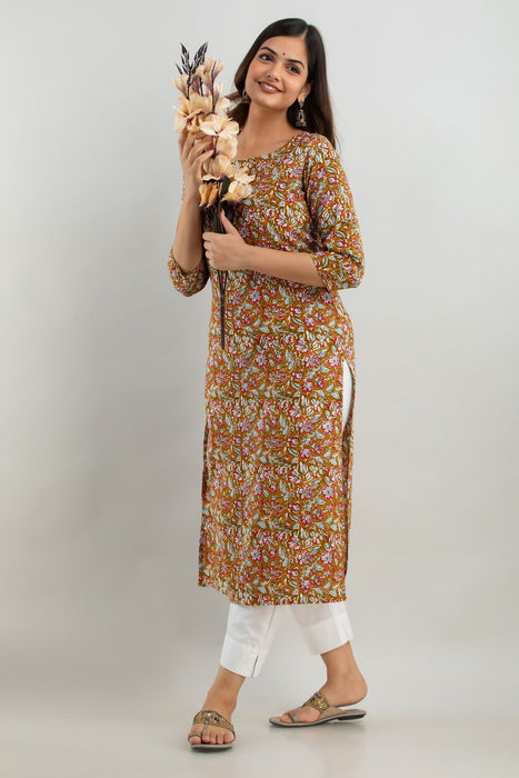 Women's Rayon Printed Calf Length Straight Kurta KR0108BROWN