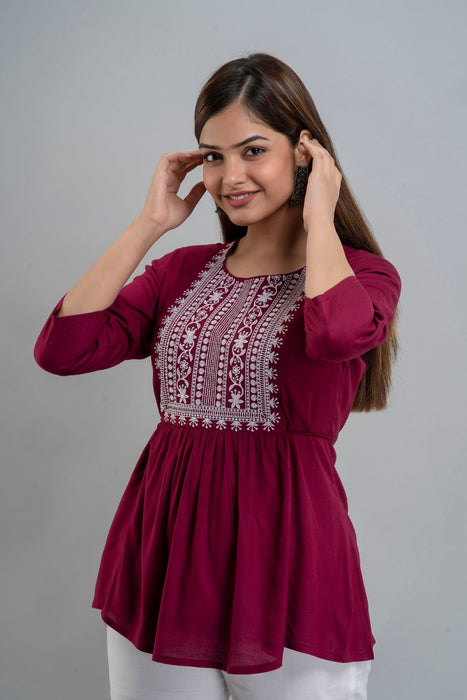 Women's Rayon embroidered Hip Length Formal Tops KRT035WINE