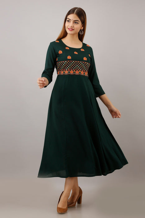 Women's Solid Dyed Rayon Designer Embroidered A-Line Kurta - KR022GREEN