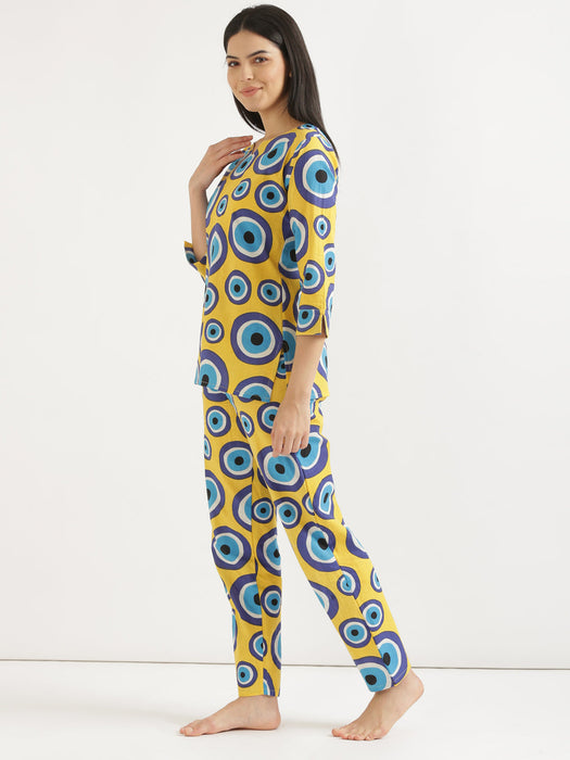 Notched Neck Yellow Evil Eye Co-ord Set-CK-YELLOWEVILEYENOTCHED