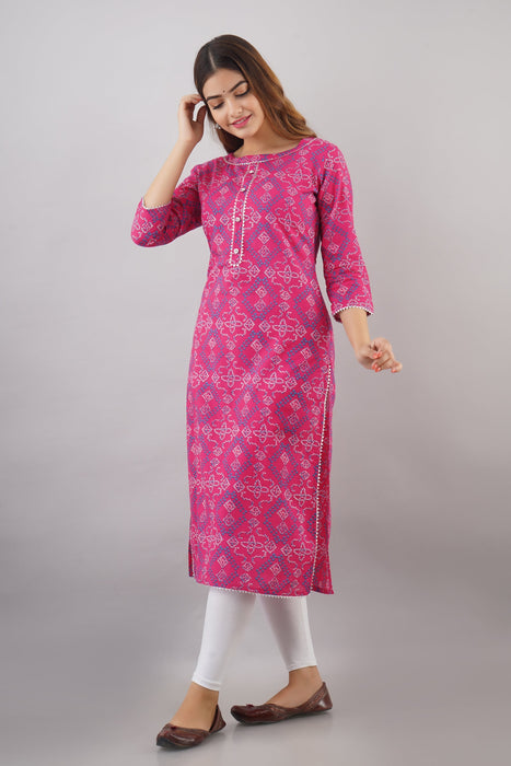 Women's 100% Pure Cotton Printed Calf Length Straight Kurta KR051PINK