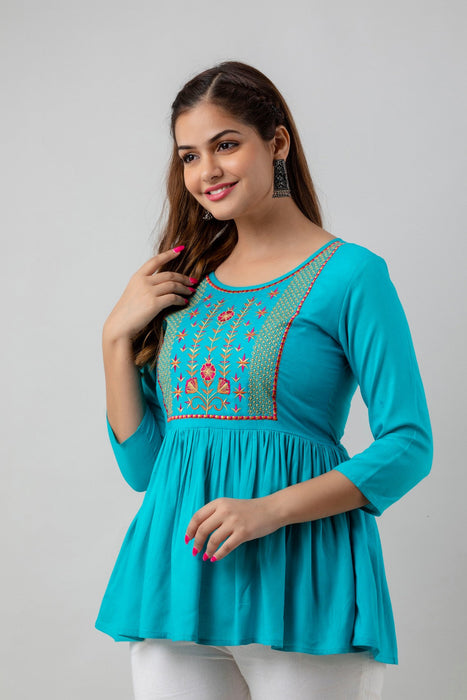 Women's Rayon embroidered Hip Length Formal Tops KRT036TURQUOISE