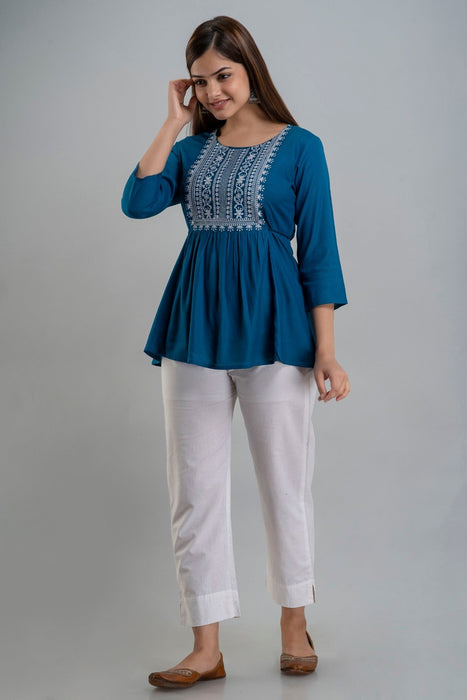 Women's Rayon embroidered Hip Length Formal Tops KRT035BLUE