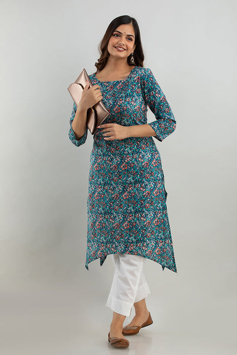 Women's Rayon Printed Calf Length Straight Kurta KR0108BLUE