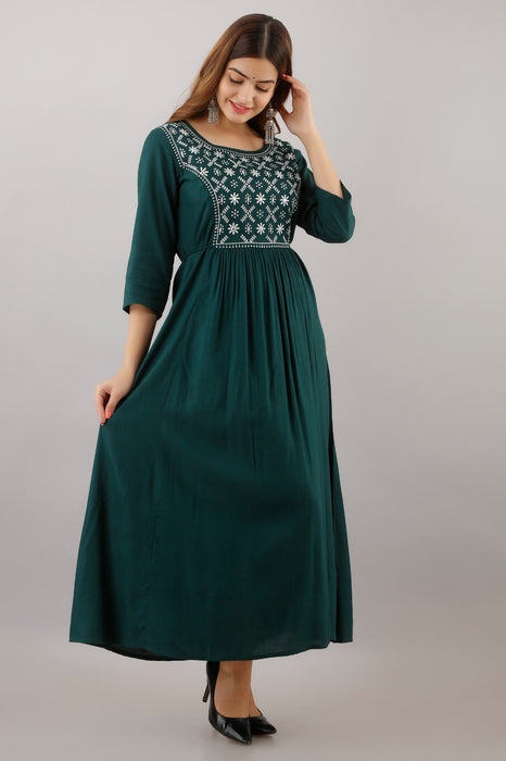 Women's Solid Dyed Rayon Designer Embroidered A-Line Kurta - KR016GREEN