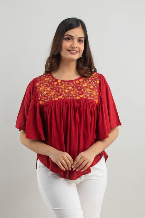 Women's Rayon embroidered Hip Length Formal Tops KRT019MAROON