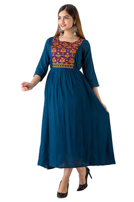 Women's Solid Dyed Rayon Designer Embroidered A-Line Kurta - KR085BLUE