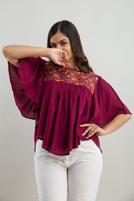 Women's Rayon embroidered Hip Length Formal Tops KRT019WINE