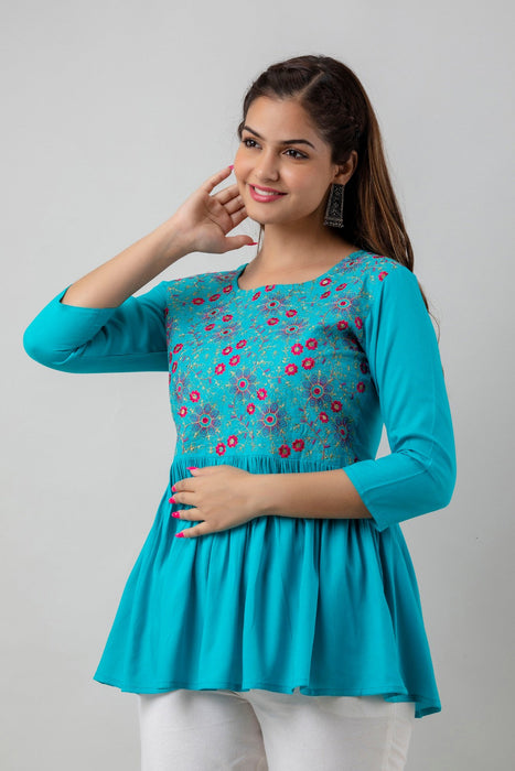 Women's Rayon embroidered Hip Length Formal Tops KRT037TURQUOISE