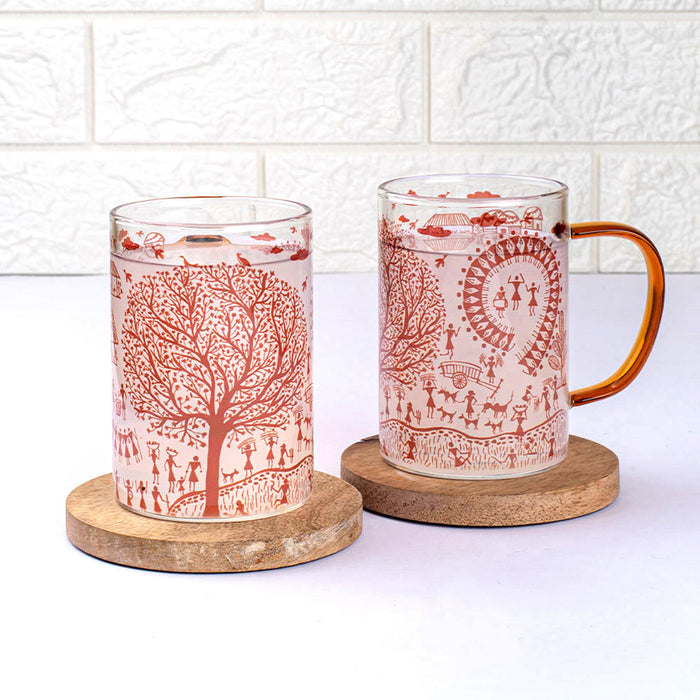 Ethnic Warli Art Clear mugs - Set of 2 and 4