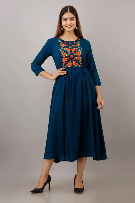 Women's Solid Dyed Rayon Designer Embroidered A-Line Kurta - KR055BLUE