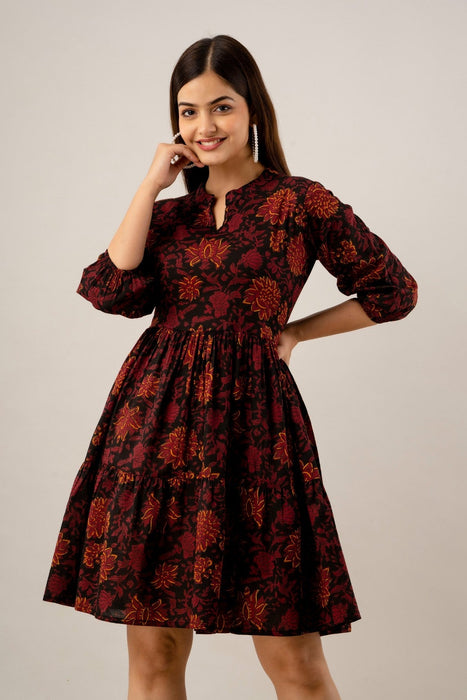 Women's Pure Cotton Designer Printed Dress-(Maroon)-DR4006MAROON