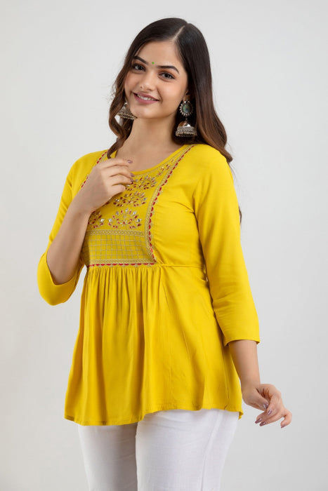 Women's Rayon embroidered Hip Length Formal Tops KRT021MUSTARD