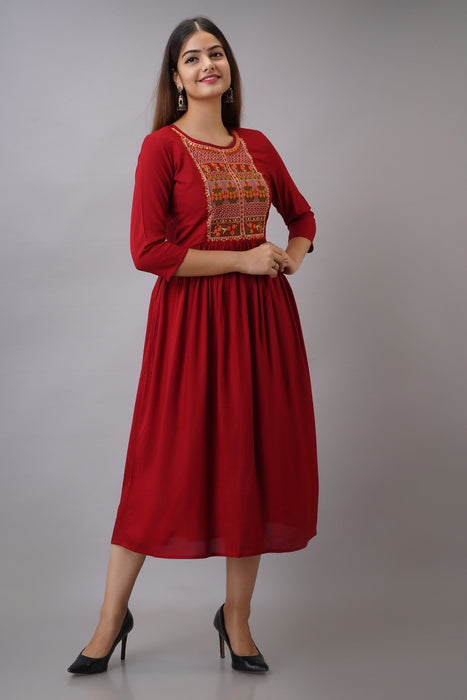 Women's Solid Dyed Rayon Designer Embroidered A-Line Kurta - KR035MAROON