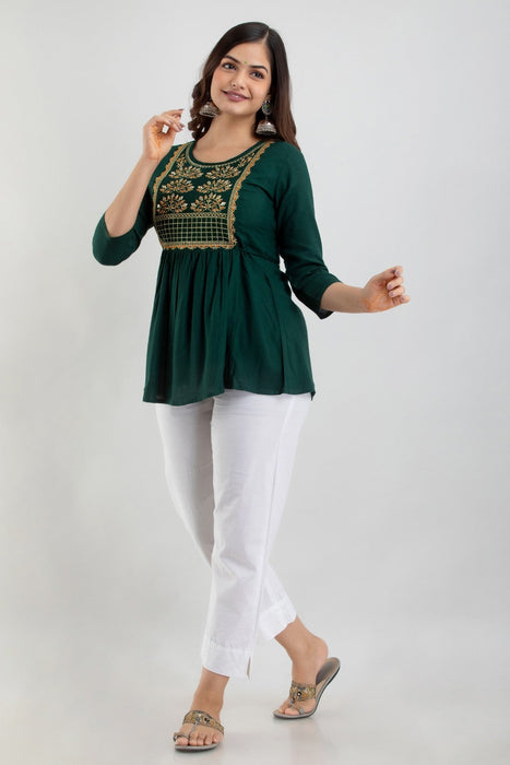 Women's Rayon embroidered Hip Length Formal Tops KRT021GREEN