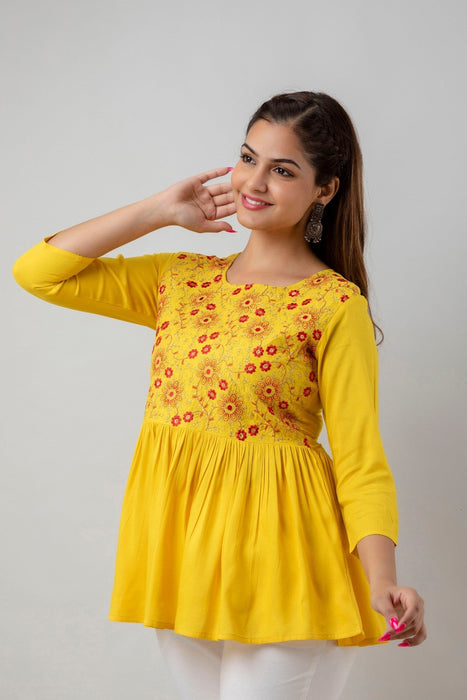 Women's Rayon embroidered Hip Length Formal Tops KRT037MUSTARD