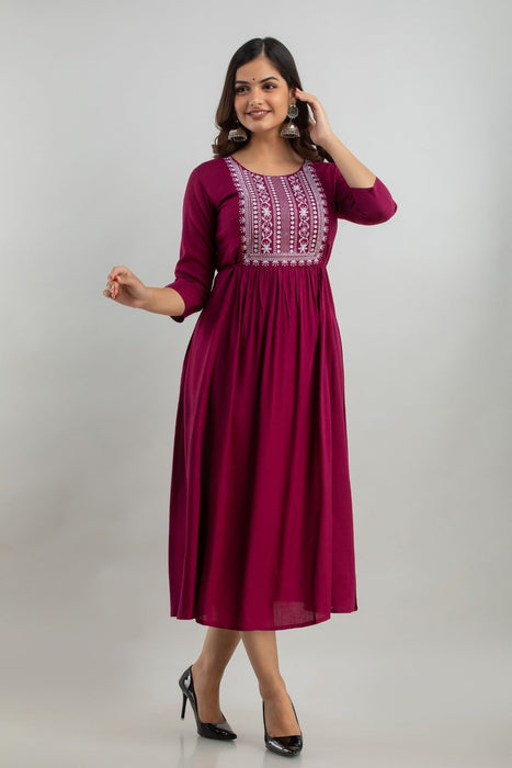 Women's Solid Dyed Rayon Designer Embroidered A-Line Kurta - KR0105WINE