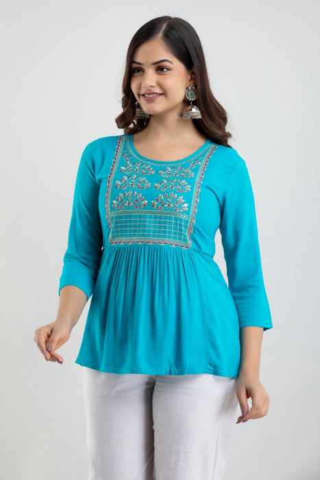 Women's Rayon embroidered Hip Length Formal Tops KRT021TURQUOISE