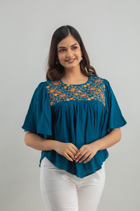 Women's Rayon embroidered Hip Length Formal Tops KRT019BLUE