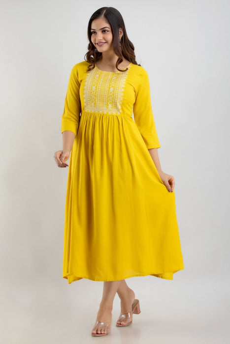 Women's Solid Dyed Rayon Designer Embroidered A-Line Kurta - KR0105MUSTARD