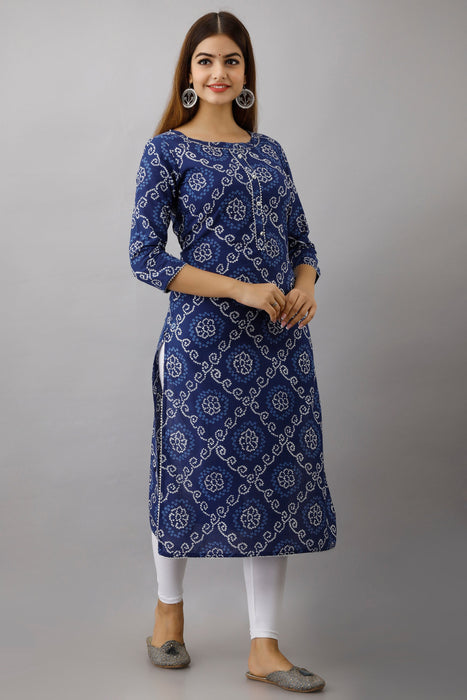 Women's 100% Pure Cotton Printed Calf Length Straight Kurta KR051BLUE