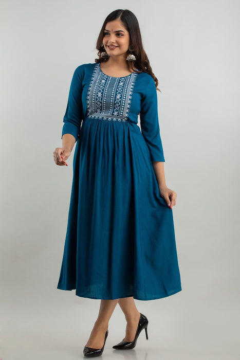 Women's Solid Dyed Rayon Designer Embroidered A-Line Kurta - KR0105BLUE