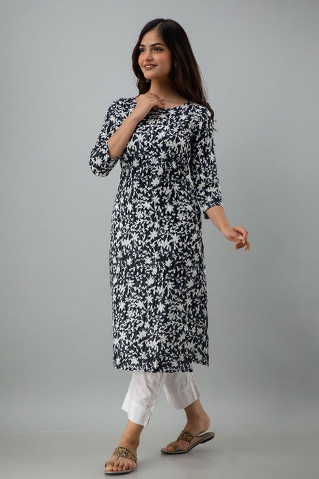 Women's Rayon Printed Calf Length Straight Kurta KR081BLACK