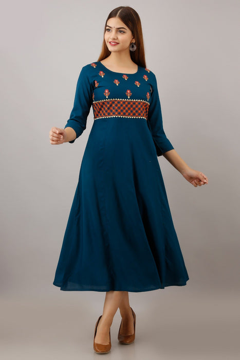 Women's Solid Dyed Rayon Designer Embroidered A-Line Kurta - KR053BLUE