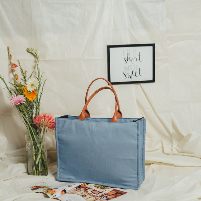 Tulip Blue Chain Stitch Hand Embroidery Canvas Book Tote Bag