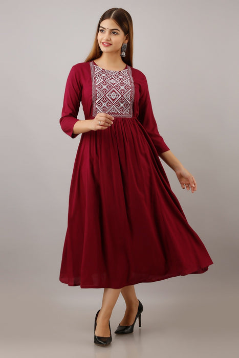 Women's Solid Dyed Rayon Designer Embroidered A-Line Kurta - KR047MAROON