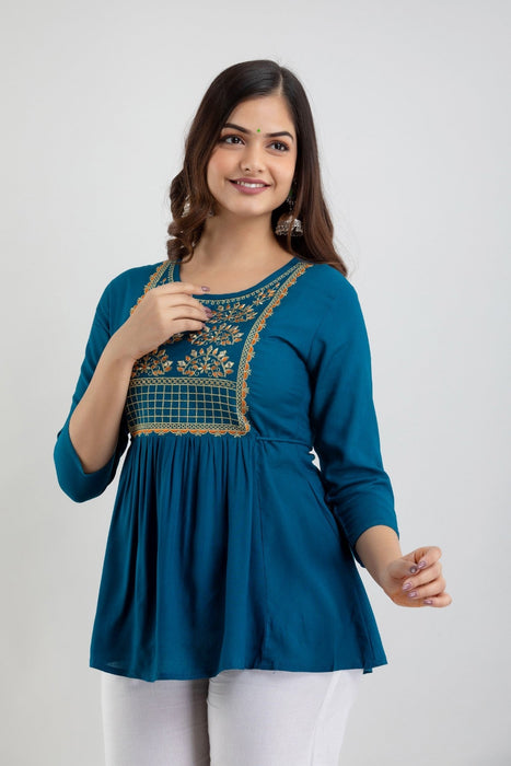 Women's Rayon embroidered Hip Length Formal Tops KRT021BLUE