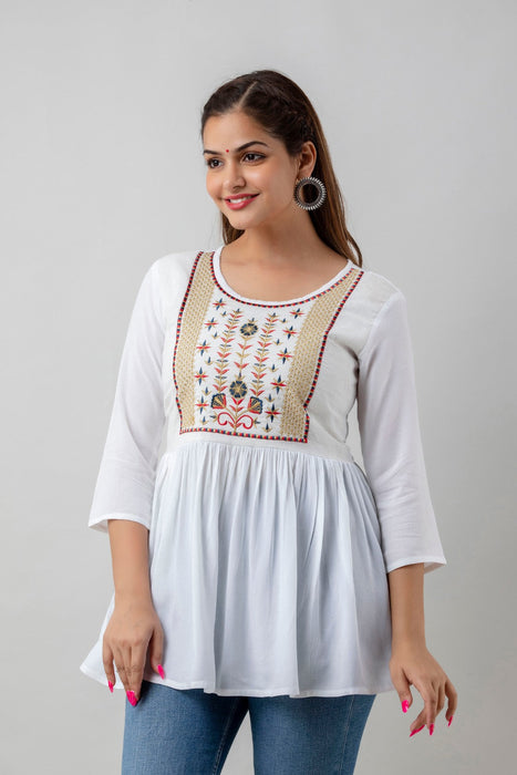 Women's Rayon embroidered Hip Length Formal Tops KRT036WHITE