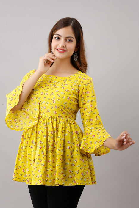 Women's Pure Cotton Printed Hip Length Formal Tops KRT003YELLOW