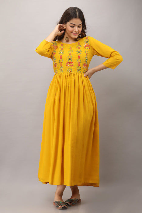 Women's Solid Dyed Rayon Designer Embroidered A-Line Kurta - KR005MUSTARD