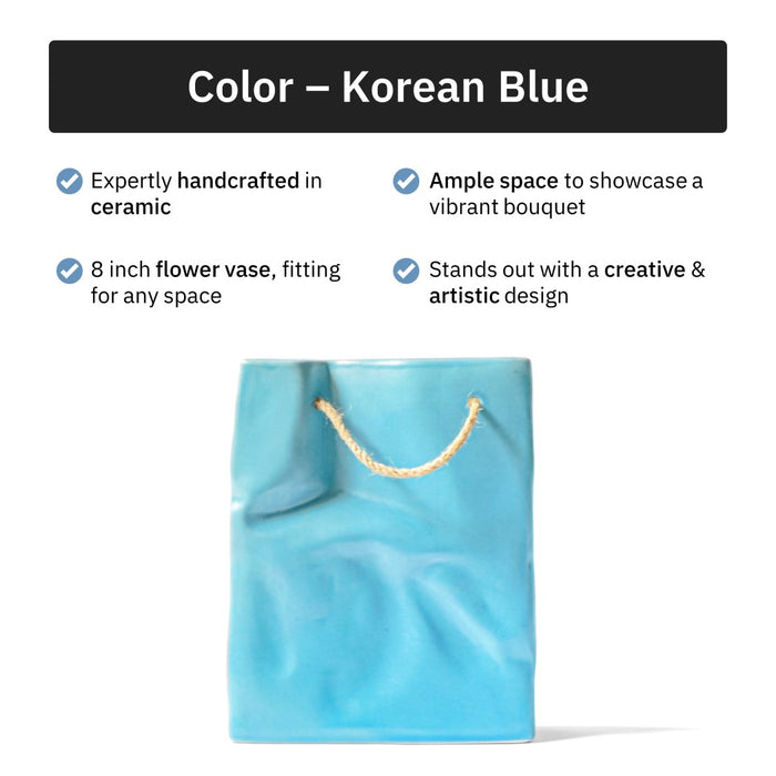 Glimpse Crinkled Paper Bag Shaped Ceramic Vase | Unconventional & Artistic | 8 inch Flower Vase (Korean Blue)