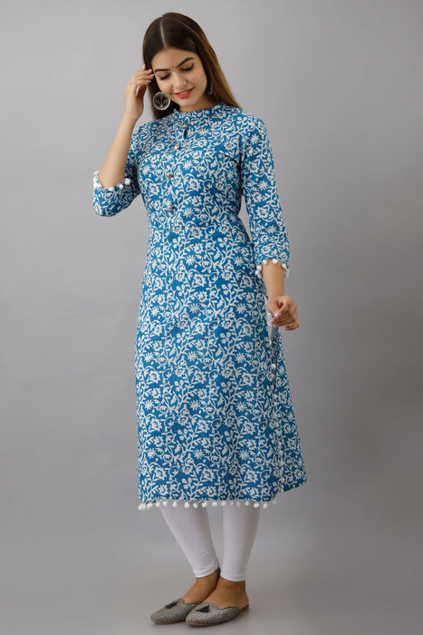 Women's Pure Cotton Printed Calf Length Straight Kurta KR049SKYBLUE