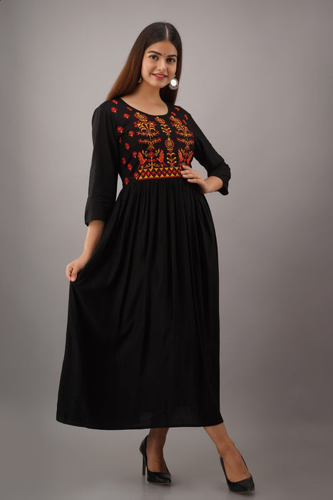 Women's Solid Dyed Rayon Designer Embroidered A-Line Kurta - KR021BLACK