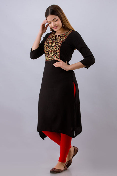 Women's Rayon Printed Calf Length Straight Kurta KR062BLACK