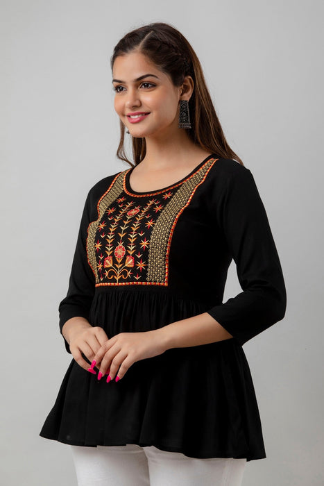 Women's Rayon embroidered Hip Length Formal Tops KRT036BLACK