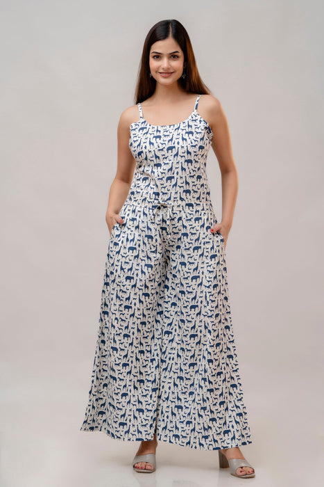 Cotton Sleeveless White and Blue Animal Print Co-ord Set