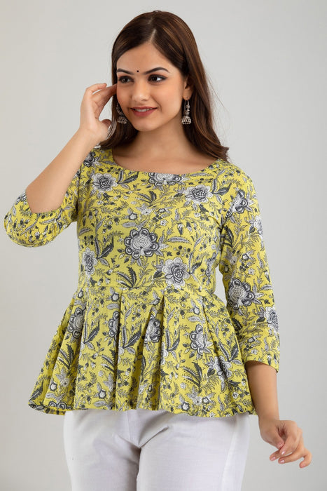 Women's Pure Cotton Printed Hip Length Formal Tops KRT030YELLOW