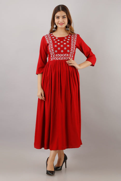 Women's Solid Dyed Rayon Designer Embroidered A-Line Kurta - KR015RED