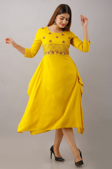 Women's Solid Dyed Rayon Designer Embroidered A-Line Kurta - KR063MUSTARD