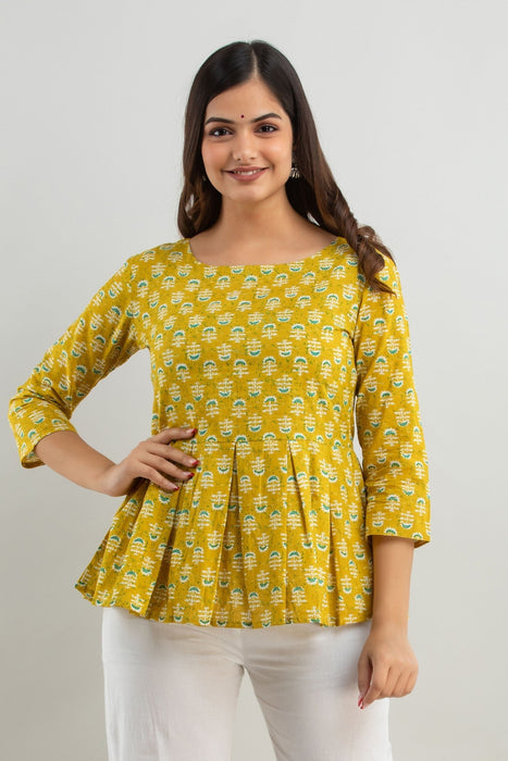 Women's Pure Cotton Printed Hip Length Formal Tops KRT026YELLOW