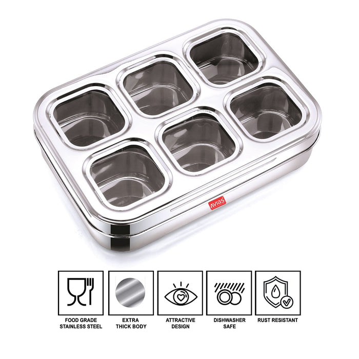 Stainless Steel Dry Fruit Cum Spice Box With 6 Square Compartments (Design) | See-Through Lid With Break Resistant Acrylic Sheet | High Durability | Masala Dani | Masala Dabba| Dryfruit Box | Organiser