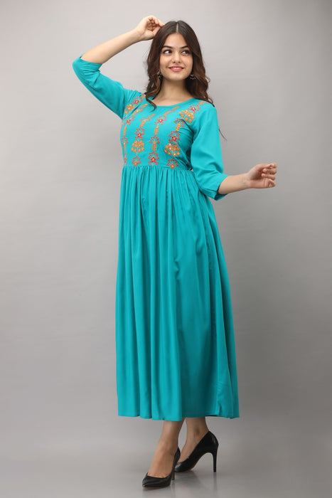 Women's Solid Dyed Rayon Designer Embroidered A-Line Kurta - KR005TURQUOISE