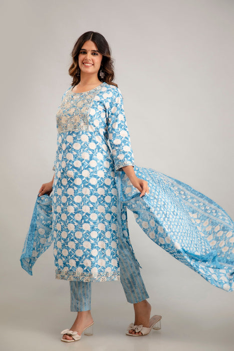 Traditional Zari Embroidery Work A-Line Kurta With Trouser & Dupatta - KR3012BLUE