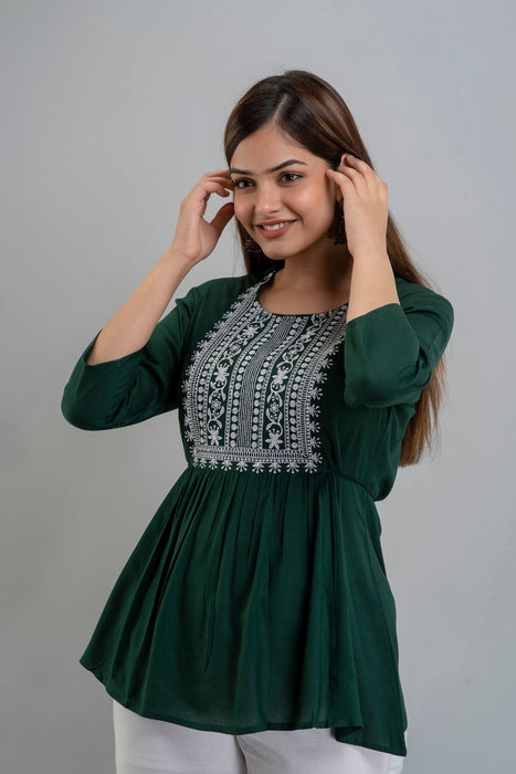 Women's Rayon embroidered Hip Length Formal Tops KRT035GREEN