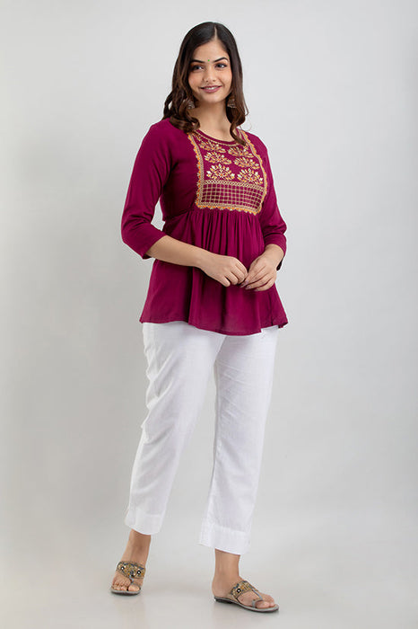 Women's Rayon embroidered Hip Length Formal Tops KRT021WINE