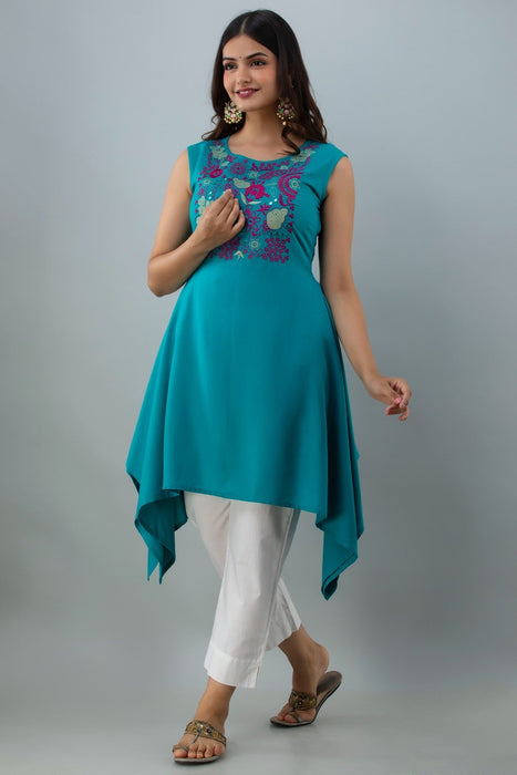 Women's Solid Dyed Rayon Designer Embroidered A-Line Kurta - KR0100TURQUOISE